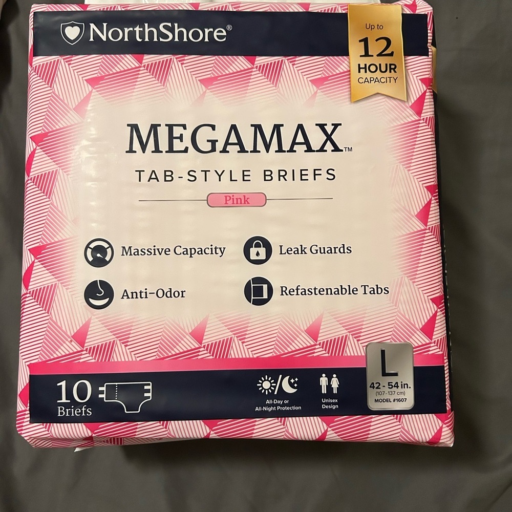 NorthShore MEGAMAX Pink Tab-Style Briefs sz LG (42-54”) Waist 2 briefs per order